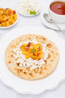 Flat Bread With Cottage Cheese With Honey, Nuts, Peaches Stock Image Flat Bread With Cottage Cheese With Honey, Nuts, Peaches Stock Image
