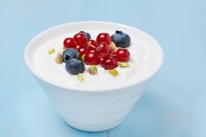 Fresh Sweet Yogurt With Berries And Pistachios In Bowl, Closeup Stock Image