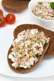 Rye Bread With Tuna, Homemade Cheese And Dill, Vertical Stock Photos Rye Bread With Tuna, Homemade Cheese And Dill, Vertical Stock Photos