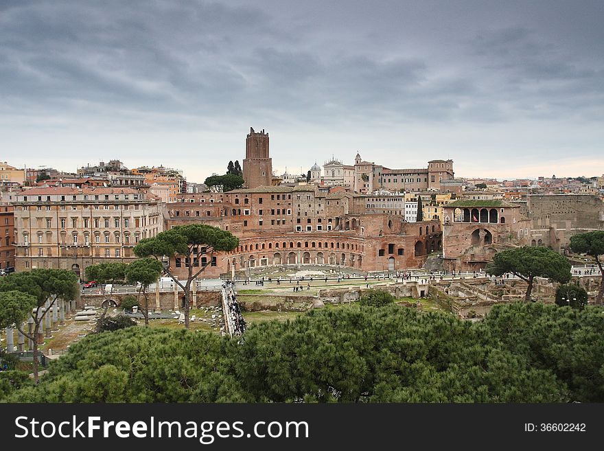 View over ancient Rome, Trajan Forum, with a cloudy sky. View over ancient Rome, Trajan Forum, with a cloudy sky