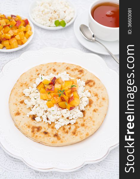 Flat Bread With Cottage Cheese With Honey, Nuts, Peaches