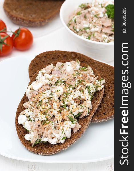 Rye Bread With Tuna, Homemade Cheese And Dill, Vertical