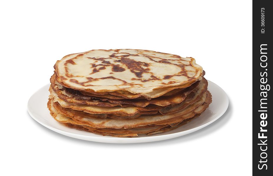Stack of pancakes on a plate isolated over white
