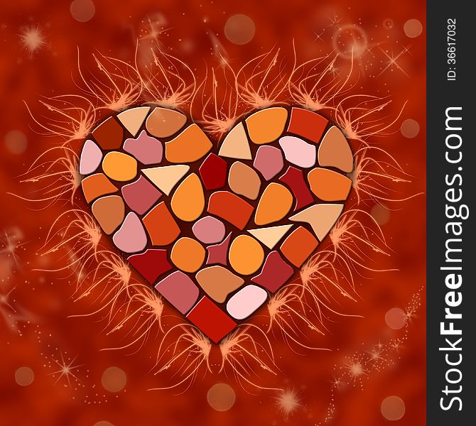 Abstract illustration of stone heart in red, orange, brown colors. Abstract illustration of stone heart in red, orange, brown colors
