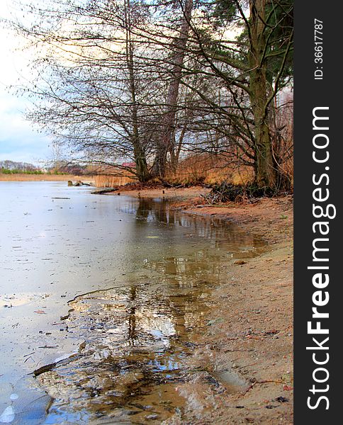 Riverbank with thin ice edge in January in an unusually warm winter.