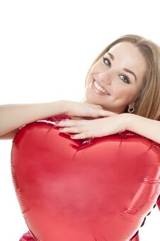Smiling Woman Holding Red Heart Balloon Royalty Free Stock Images Smiling Woman Holding Red Heart Balloon Royalty Free Stock Images
