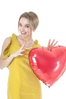 Funny Woman Holding Red Heart Balloon. Stock Photos Funny Woman Holding Red Heart Balloon. Stock Photos