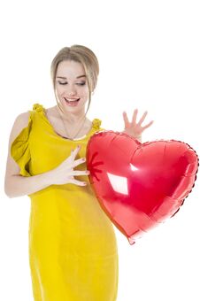 Funny Woman Holding Red Heart Balloon Royalty Free Stock Photos Funny Woman Holding Red Heart Balloon Royalty Free Stock Photos