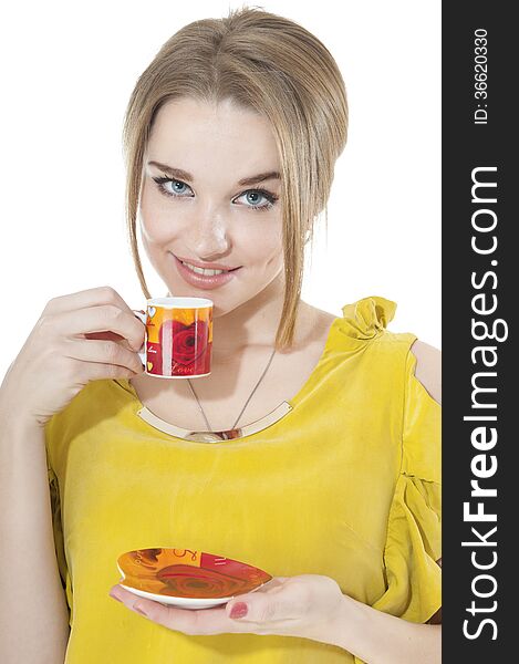 Dreamy woman with cup of coffee on a plate, isolated on white background.