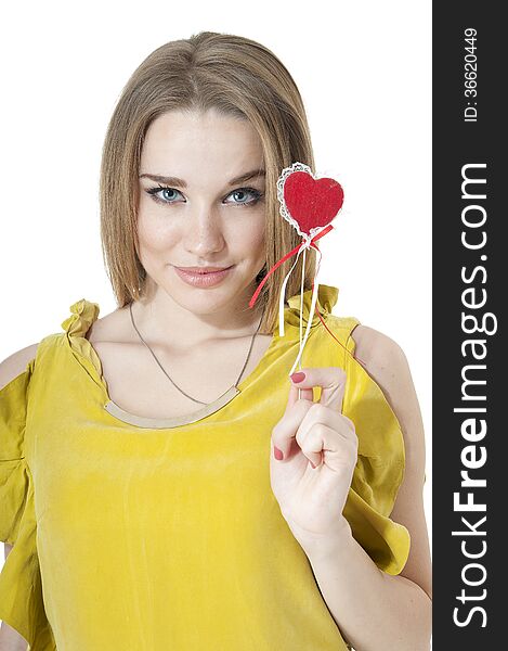 Portrait of beautiful woman with red heart. Valentines day concepts.