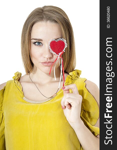 Portrait of beautiful woman with red heart. Valentines day concepts.