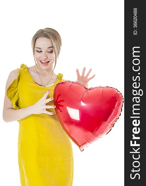 Funny Woman Holding Red Heart Balloon