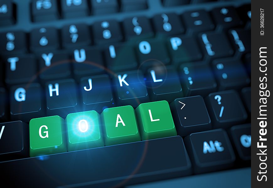 3d rendering of black computer keyboard with bright shiny green goal button. 3d rendering of black computer keyboard with bright shiny green goal button