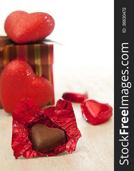 Heart shaped chocolate and gift box. Heart shaped chocolate and gift box