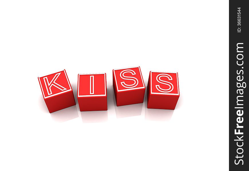 3d illustration of red letter blocks spelling word kiss, isolated on white background. 3d illustration of red letter blocks spelling word kiss, isolated on white background