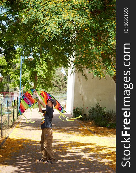 Launching multicolored snake volatile in the courtyard. Launching multicolored snake volatile in the courtyard