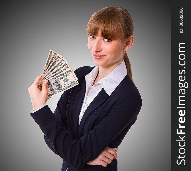 Business woman holding cash dollars