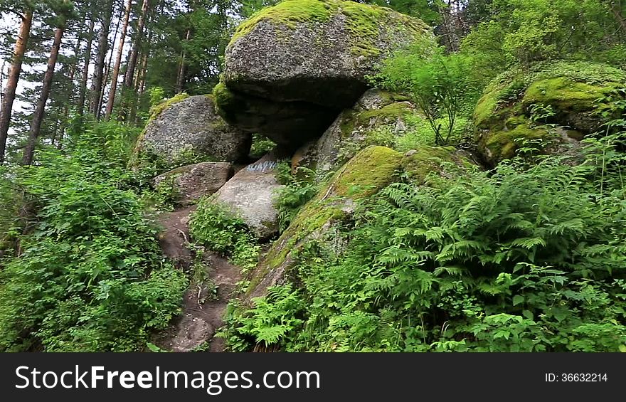 Panorama large rocks on the hillside. Altai Krai. Russia.