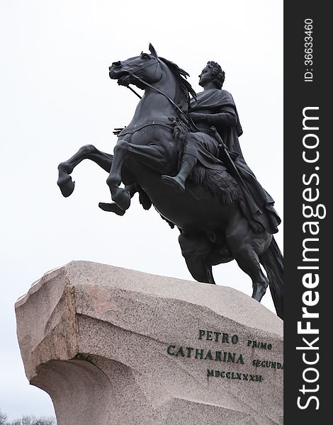 Peter The Great on horse statue closeup on white background. St Petersburg, Russia