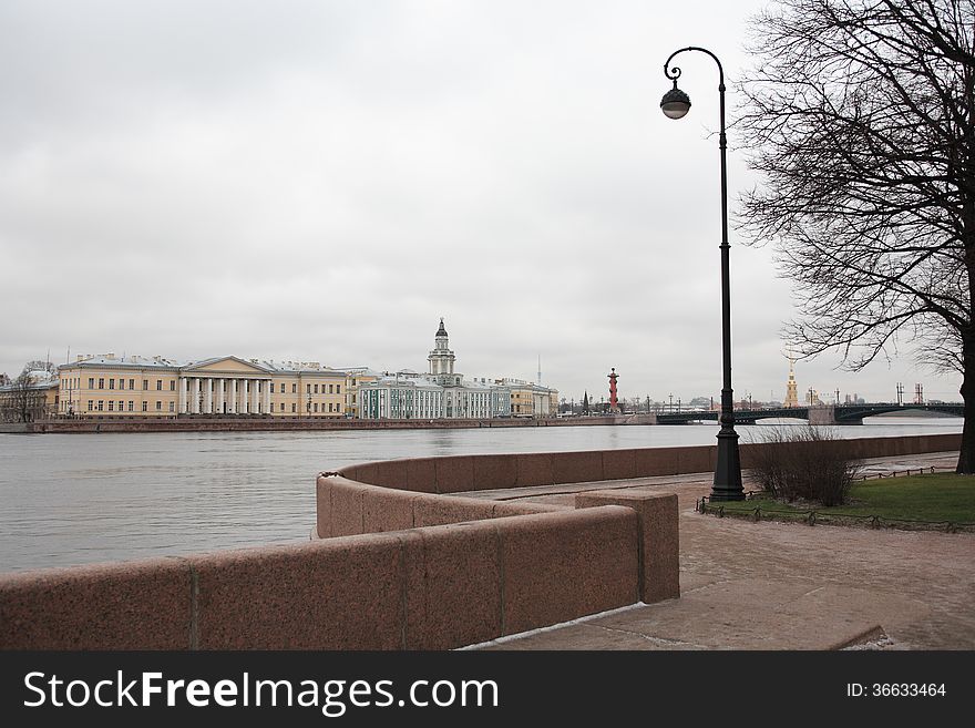 View at winter embankment of Neva river in St. Petersburg, Russia. View at winter embankment of Neva river in St. Petersburg, Russia