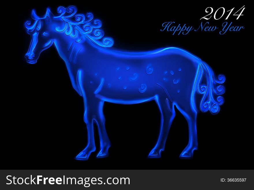 Blue glowing horse in a black background. Blue glowing horse in a black background.