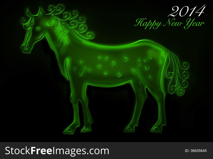 Green glowing horse in a black background. Green glowing horse in a black background.