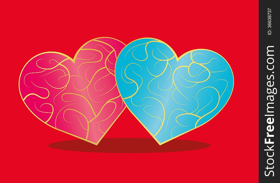 Colored hearts with a gold pattern.Red background.Vector illustration. Colored hearts with a gold pattern.Red background.Vector illustration.