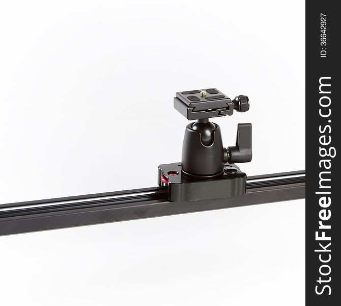 A detailed studio shot of a linear camera slider on a white background.