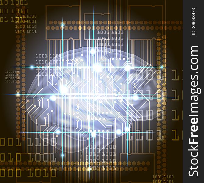 illustration with human brain and circuit board against dark background. illustration with human brain and circuit board against dark background