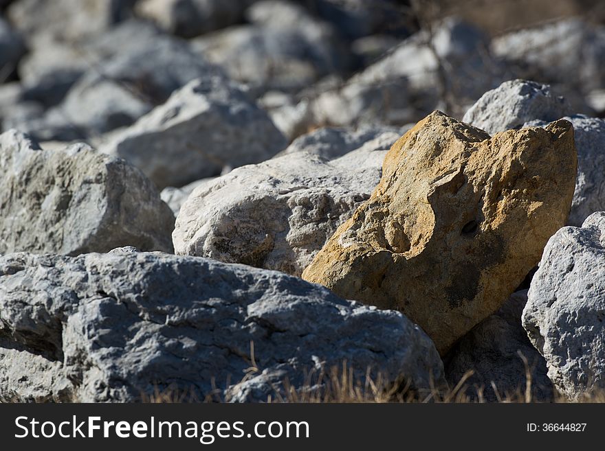 An earthstone colored rock in a group of gray stones. An earthstone colored rock in a group of gray stones