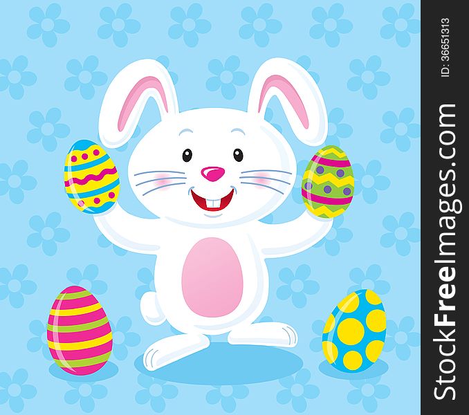 Cartoon illustration of a cute, white bunny, holding an Easter egg in each of its paws with an Easter egg on the left and right side of it, against a light blue flowered background. Cartoon illustration of a cute, white bunny, holding an Easter egg in each of its paws with an Easter egg on the left and right side of it, against a light blue flowered background.