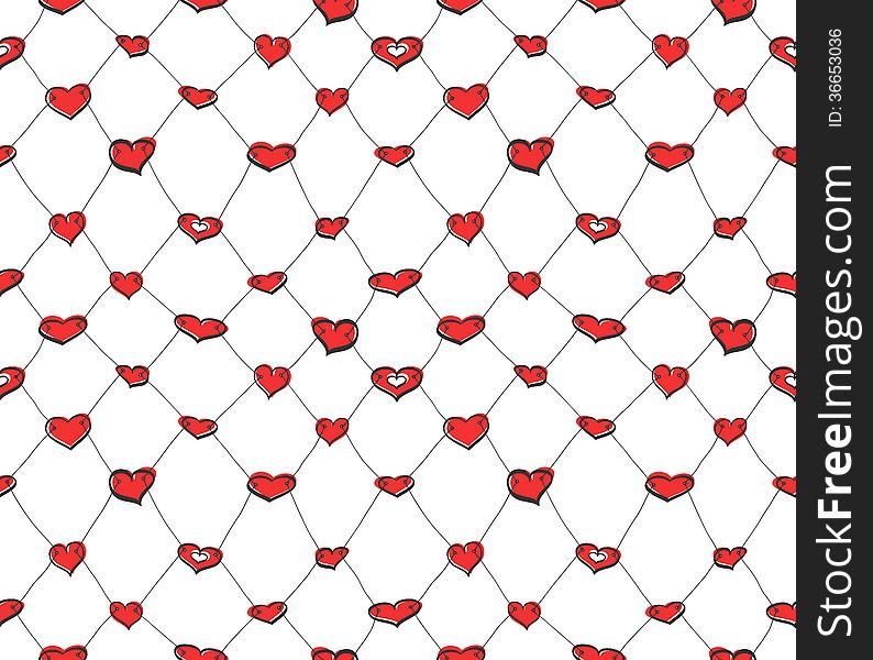 Abstract seamless net pattern made of red sketch hearts. Abstract seamless net pattern made of red sketch hearts