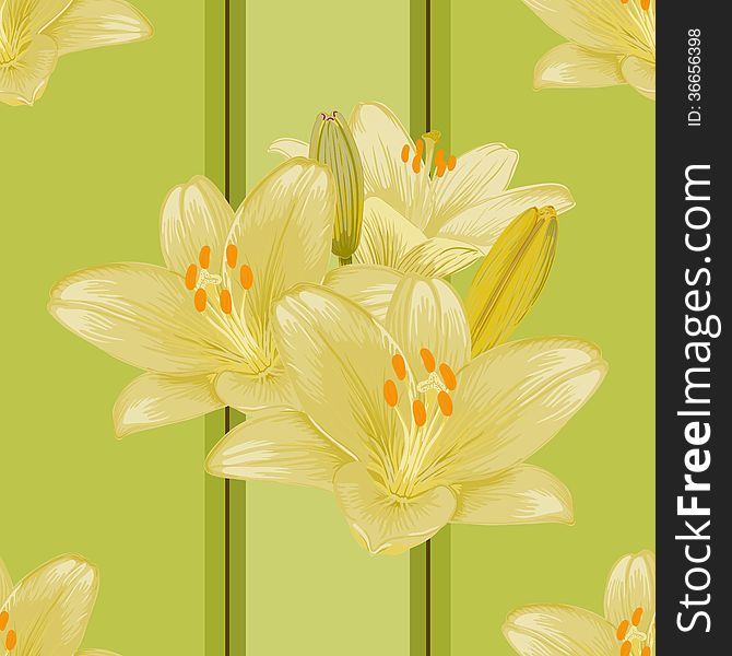 Vector seamless green background with lilies. Vector seamless green background with lilies.