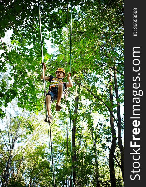 Boy walking on the rope high in the park with insurance. Boy walking on the rope high in the park with insurance