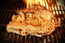 Grilled Beef Steak With Flames Stock Photos