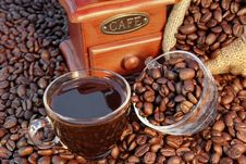 Two Coffee Cups, Scattered Coffee Beans And GrinderXXXL Stock Image Two Coffee Cups, Scattered Coffee Beans And GrinderXXXL Stock Image