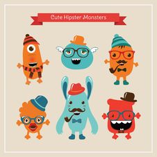 Vector Cute Retro Hipster Monsters Set Royalty Free Stock Photography Vector Cute Retro Hipster Monsters Set Royalty Free Stock Photography