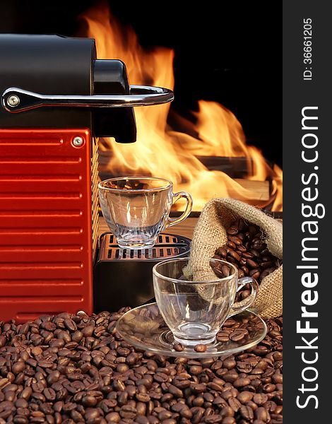 Capsule Coffee Machine With Two Espresso Cups Near Fireplace