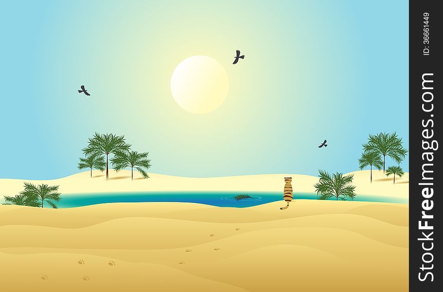 Desert. Wildlife, desert and lake with palm trees, blue sky, sun and bird, sitting on the shore of a tiger.