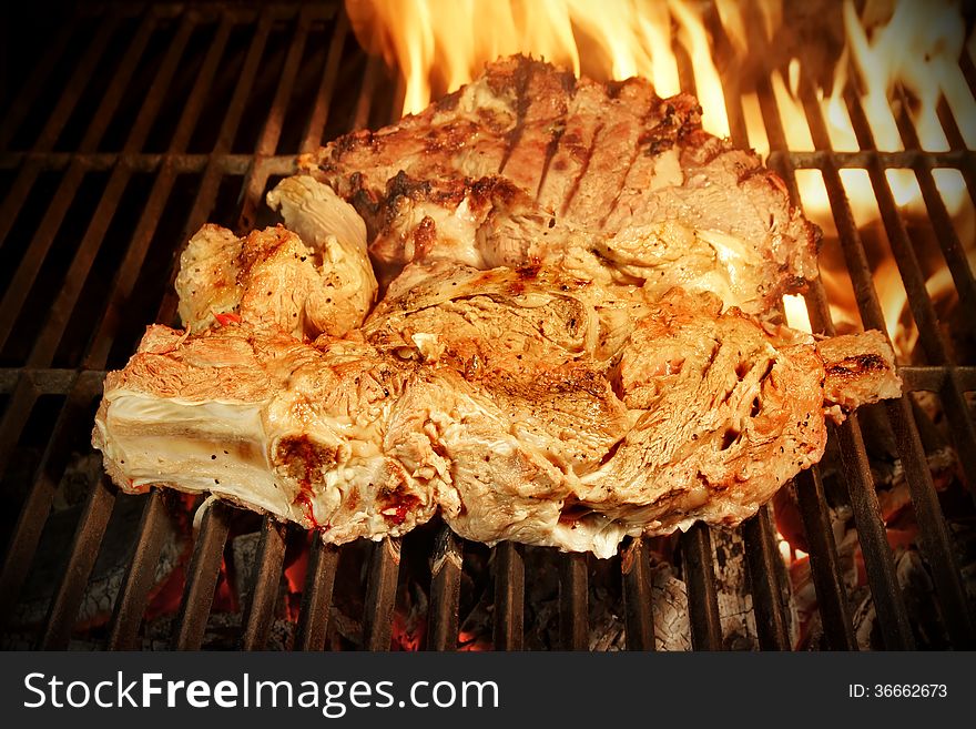 Grilled beef steak with flames
