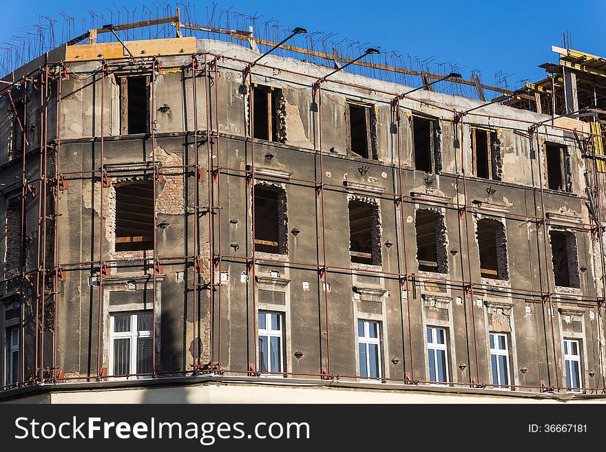 Old tenement under general repair in Katowice, Silesia region, Poland.