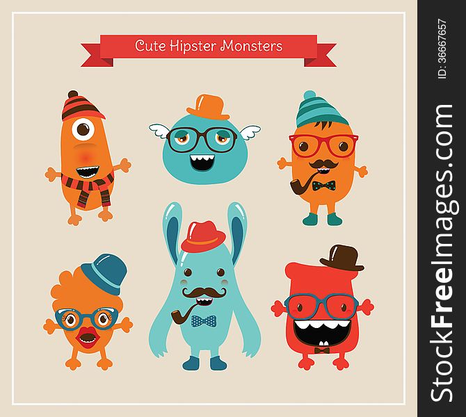 Vector Freaky Cute Retro Hipster Monsters, Funny Illustration. Vector Freaky Cute Retro Hipster Monsters, Funny Illustration.