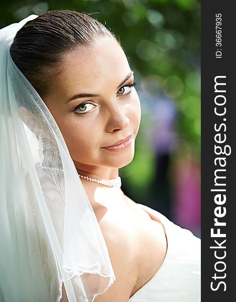 Portrait of happy bride with wedding veil