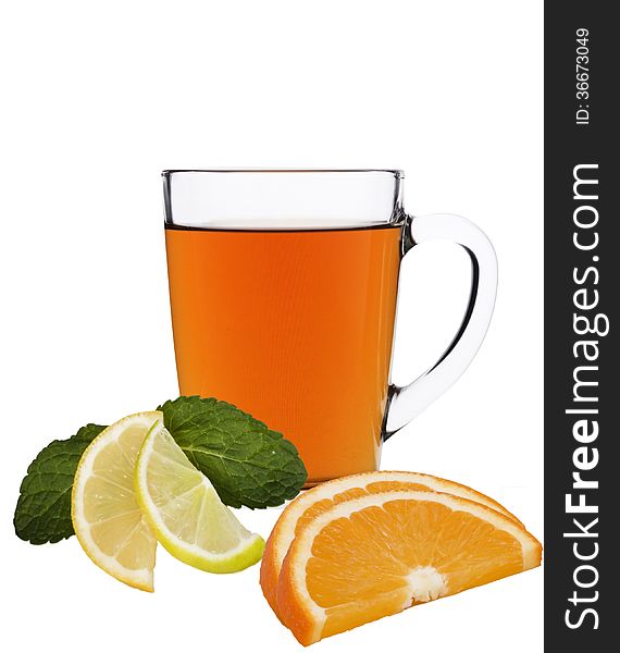 Cup of citrus tea on a white background. Cup of citrus tea on a white background