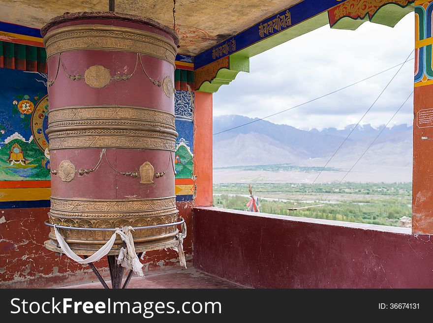 Tibetan praying wheel in monastery