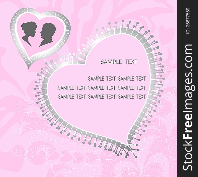 Grunge floral ornament and pink Valentine hearts with silhouette of a pair of lovers, where you can put your text. Grunge floral ornament and pink Valentine hearts with silhouette of a pair of lovers, where you can put your text