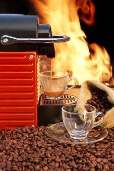 Coffee Machine With Two Cups Of Espresso And Fire Background Royalty Free Stock Photo Coffee Machine With Two Cups Of Espresso And Fire Background Royalty Free Stock Photo