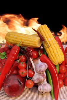 Vegetables In Front Of The Open Fireplace XXXL Stock Photo
