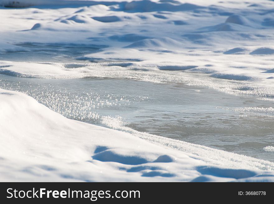 The frozen river with ice and hoarfrost close-up abstract