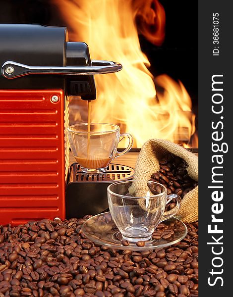 Coffee Machine With Two Cups  Of Espresso And Fire Background